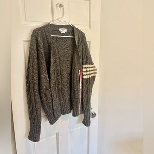 Thom Browne Charcoal Wool Cable Cardigan with Sleeve Stripe